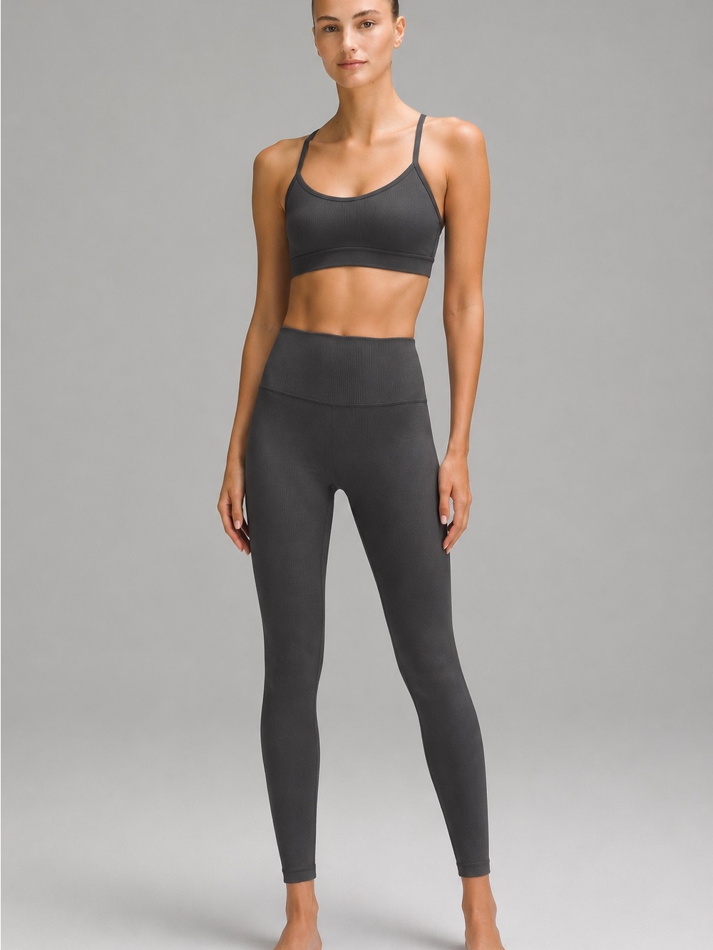 Lululemon Charcoal Grey Ribbed Sports Bra & High-Waist Leggings Set